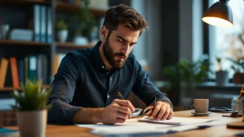 Frau mit Unterlagen und Laptop berechnet Foerderung fuer Weiterbildung in NRW