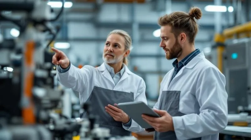 Ausbilder in einem Bergisch Gladbacher Industriebetrieb beim Anleiten einer Auszubildenden an einer Werkbank