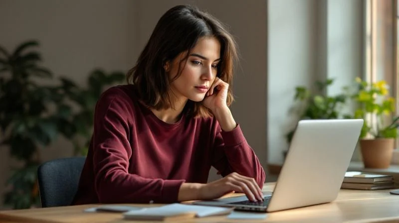 Frau sitzt mit Laptop am Schreibtisch in Bergisch Gladbach und informiert sich ueber Weiterbildung