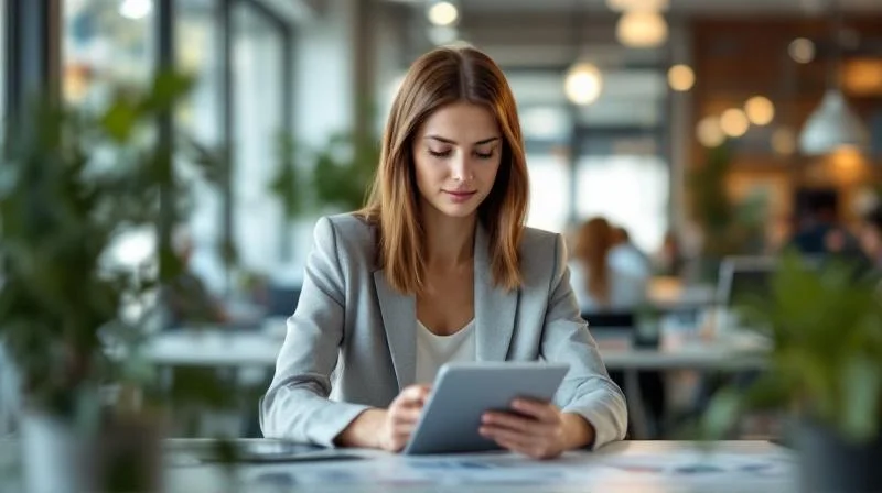 Frau mit Tablet in einem modernen Buero in Bergisch Gladbach plant ihre Karriere