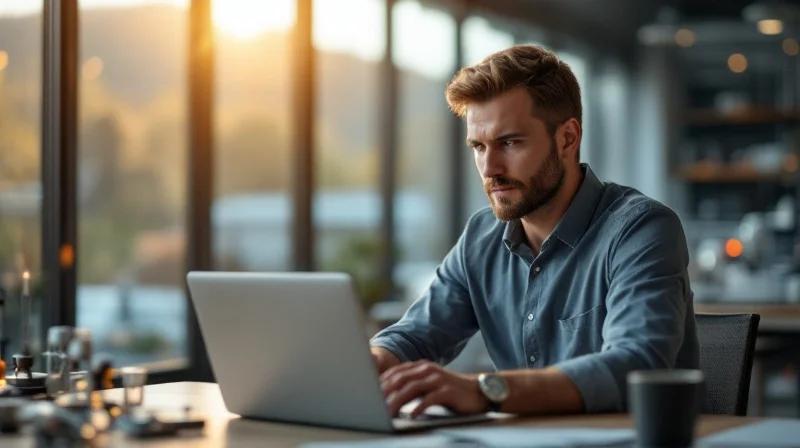 Bergisch Gladbacher Laborant im modernen Industriebüro mit Laptop, im Hintergrund Bergisches Land und Biotech-Hallenkomplex