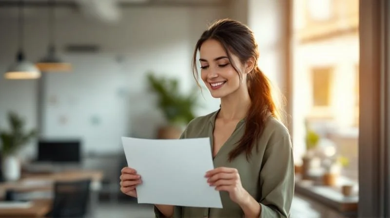Frau haelt stolz ein Zertifikat in der Hand und laechelt in die Kamera