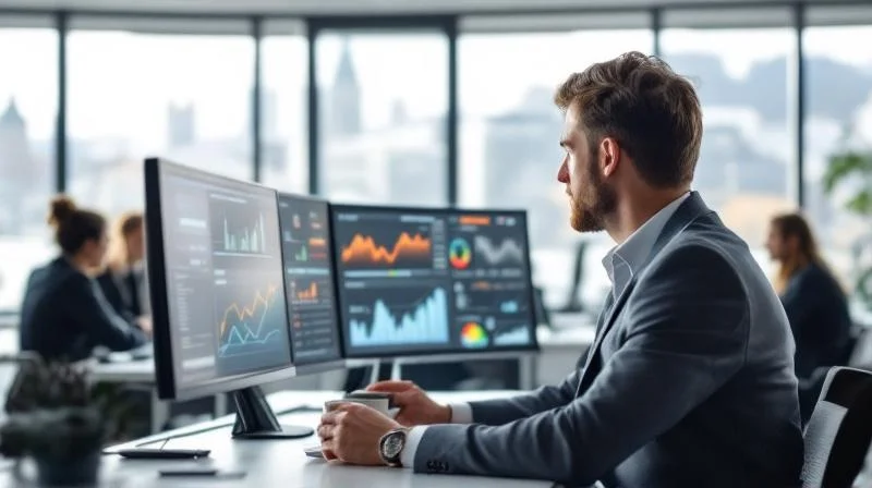 Quereinsteiger in einem Bergisch Gladbacher Unternehmen am Arbeitsplatz, arbeitet konzentriert an Dashboards und KI-Tools