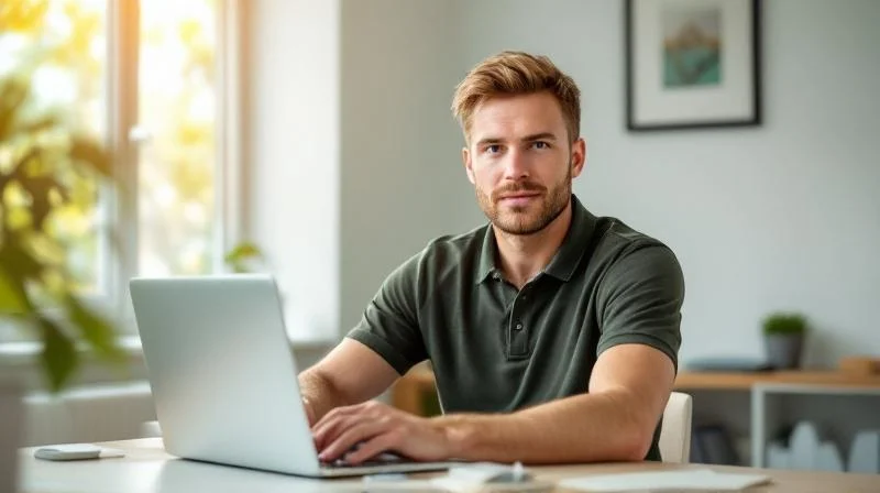 Mann lernt konzentriert am Laptop in einem modernen Home Office in Bergisch Gladbach