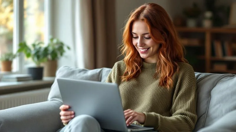 Frau sitzt mit Laptop auf dem Sofa und lernt online in Bergisch Gladbach