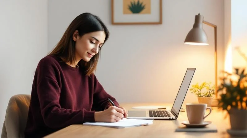 Frau arbeitet konzentriert am Schreibtisch in Bergisch Gladbach